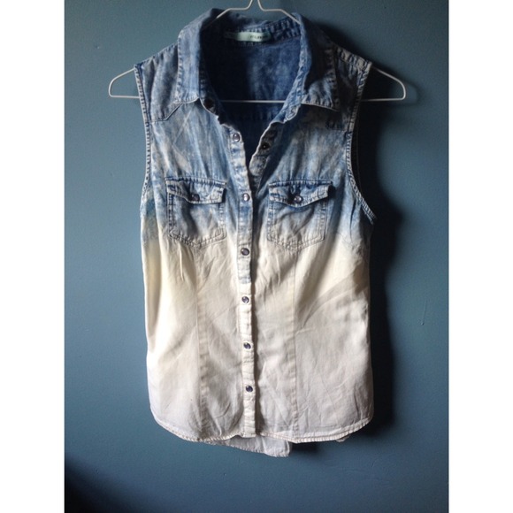 Denim button up, distressed muscle shirt.