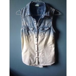 Denim button up, distressed muscle shirt.