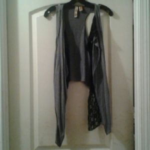 Black lace and grey vest.