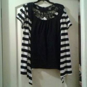 Black shirt with attached vest with lace detail in