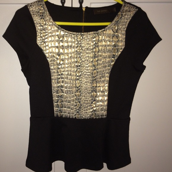 Black peplum blouse with faux snakeskin accent
