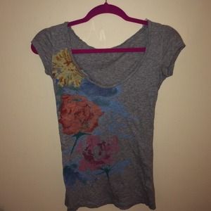 Scoop Neckline, grey with colorful design.