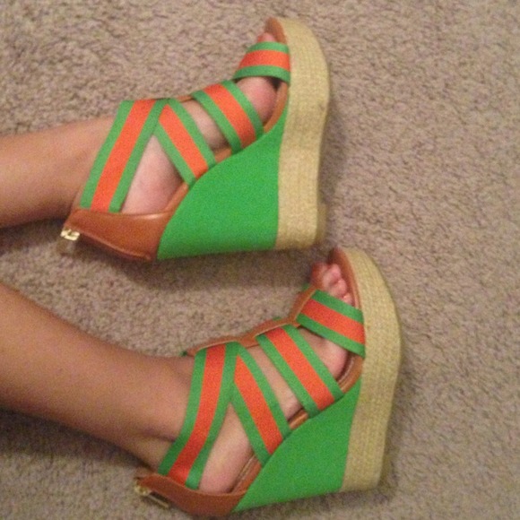 BAMBOO Shoes - Orange, Green, and Tan Wedges