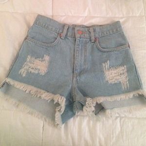 Denim fringe high waist shorts