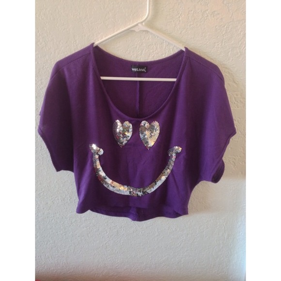 Purple smiley sequin crop top