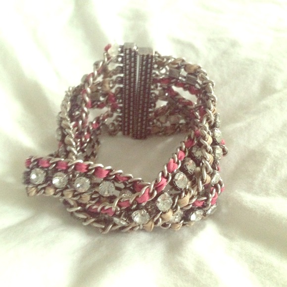 Rhinestone and ribbon multistrand braided bracelet