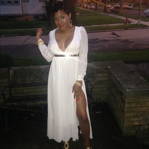 Long white deep neck dress