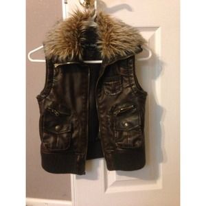 Brown Leather Vest w/ Fur Collar
