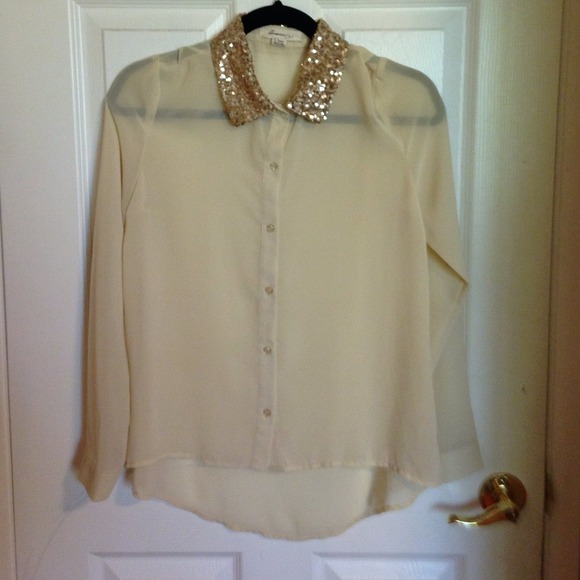 Forever 21 sheer cream top w/ gold sparkled collar