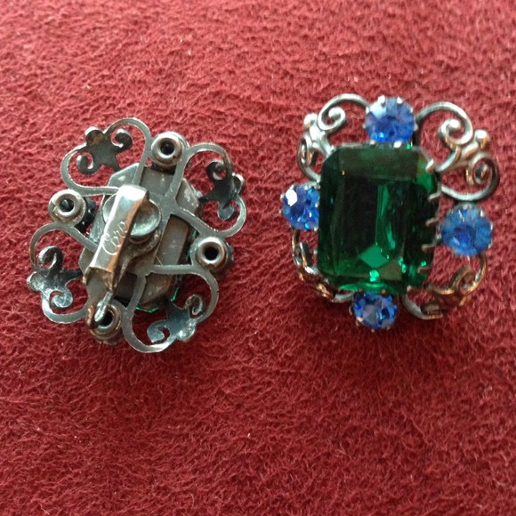 VTG CORO BLUE EMERALD GREEN RHINESTONES CLIP - Picture 2 of 3