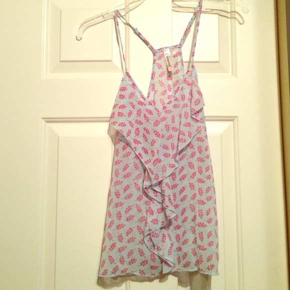 Light blue and pink chiffon top. - Picture 1 of 3