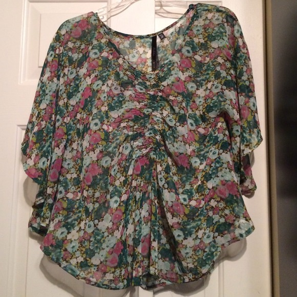 Pink and teal floral print top - Picture 1 of 3