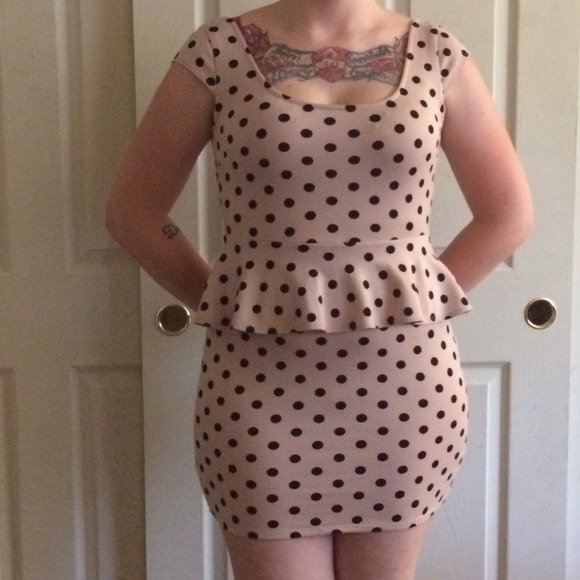 Tan & black polka dot Peplum dress