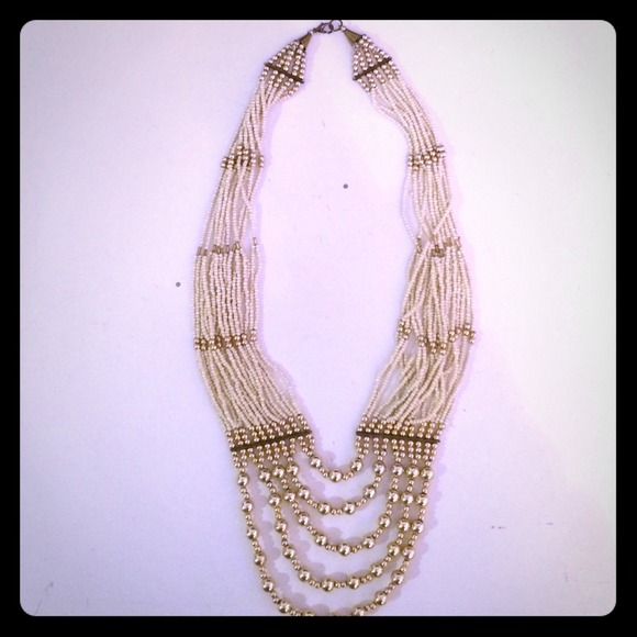 Beaded Statement Necklace (Gold and Creme)