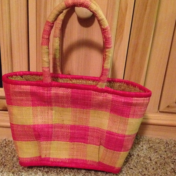 FASHION STRAW BAG - PINK AND YELLOW-GREEN ON COLOR