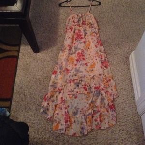 This is a floral print high-low sheer dress.