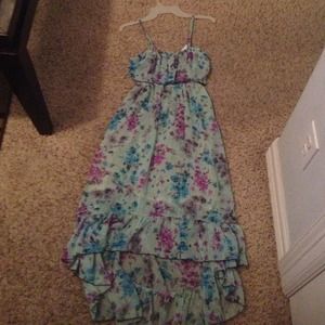 Blue floral print dress.