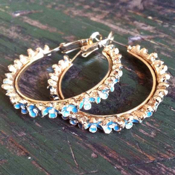 NEW Blue Enamel Gold Tone Flower Hoops w/ Crystals