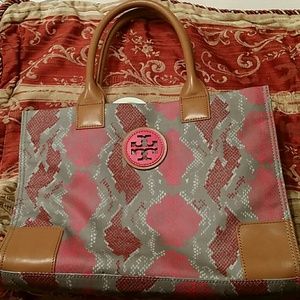 Tory Butch Ella carnation pop pink snake tote
