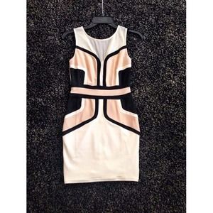 Color Block White Bod Con Dress w/ mesh shoulders