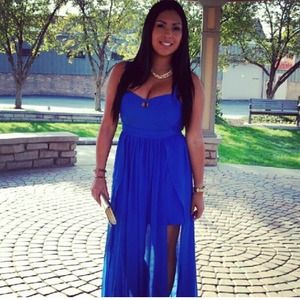 Long blue maxi dress double slit from Akira.