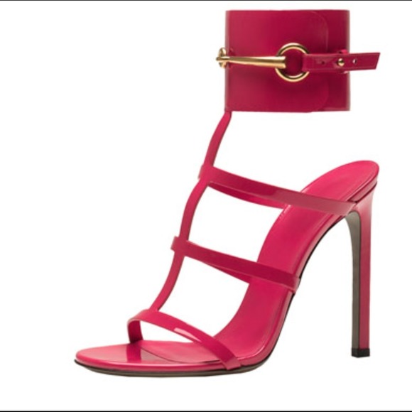 GUCCI Patent Ankle-Wrap Cage T-Strap Sandal