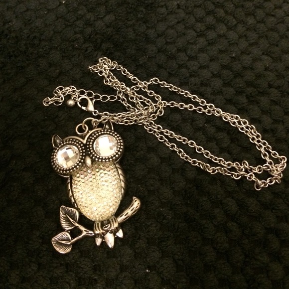 Silver rhinestone owl necklace