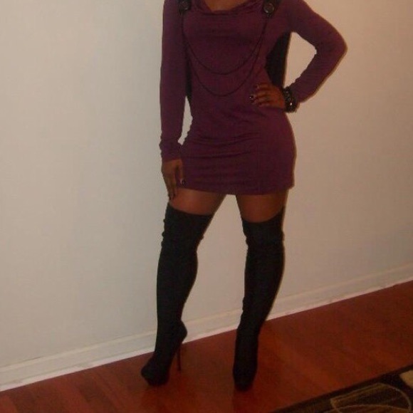 Wine and black draped back dress