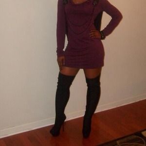 Wine and black draped back dress