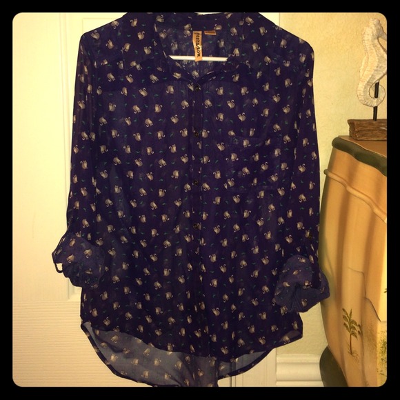 Purple Button-Up Shirt w/ Cat Print