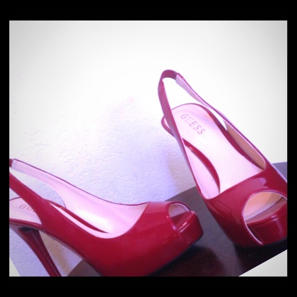 Guess platform red patent peep toe heels