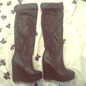 Black Thigh High Wedges