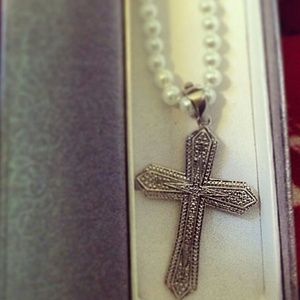 Sterling Silver Diamond Cross on Pearl necklace