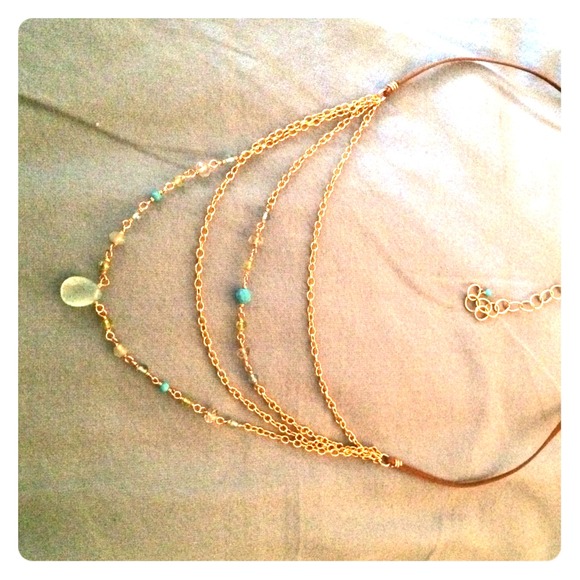 Chalcedony and turquoise on gold chain and leather