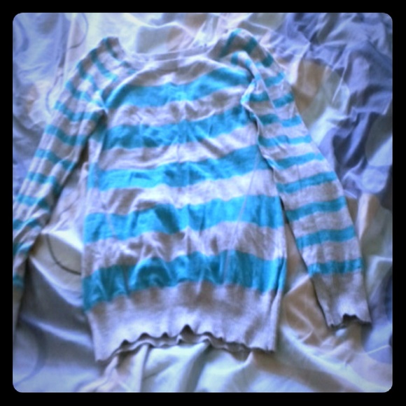Thin turquoise and gray striped sweater