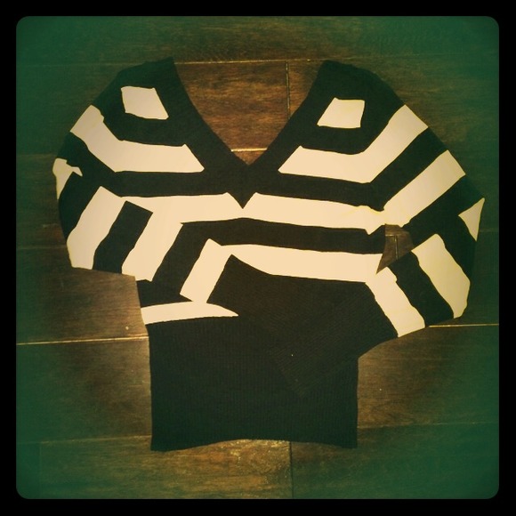 Black and white striped v neck color block sweater