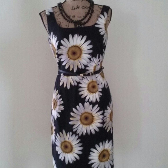 AGB Dresses & Skirts - AGB Black Dress with daisy pattern  and black belt