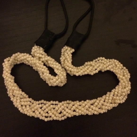 Woven small pearl headband, cream color