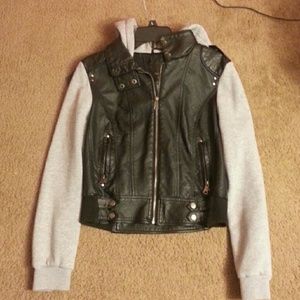 Leather jacket with sweater sleeves