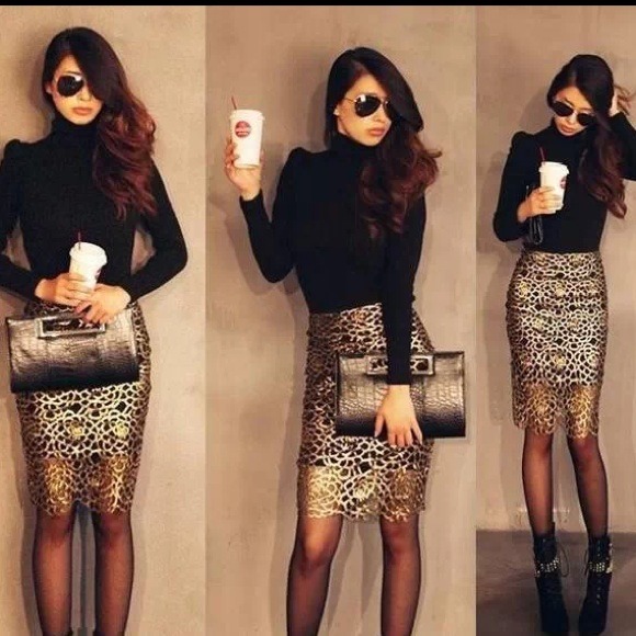 boutique Dresses & Skirts - Gold Cutout Floral Black Pencil Skirt