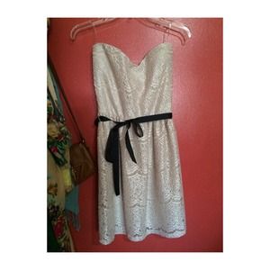 REDUCED Modcloth Lace Beige Dress w/ Black Ribbon