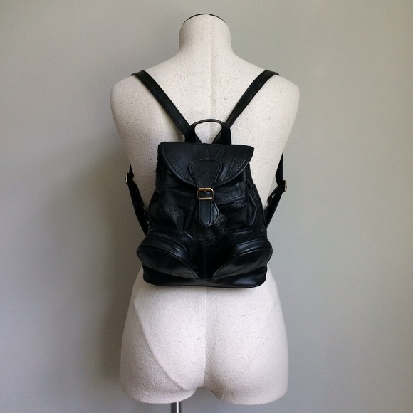 Small Black Patchwork Leather Backpack Purse