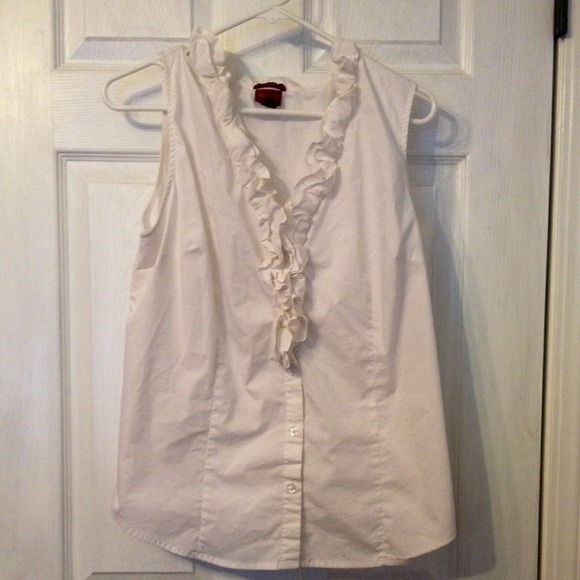 white ruffled button down