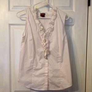 white ruffled button down