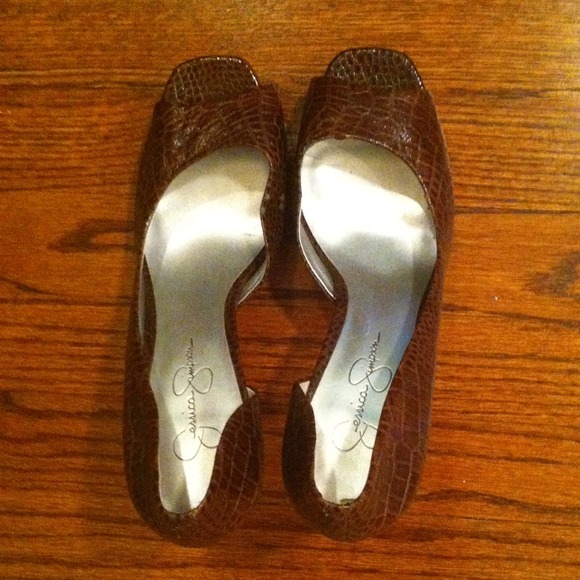 Brown Snakeskin Peep-Toe Pumps