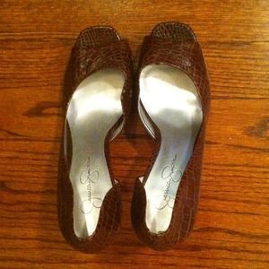 Brown Snakeskin Peep-Toe Pumps