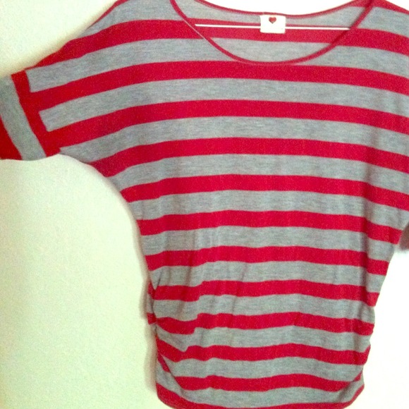 Red and gray striped dolman top