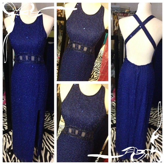 Blue beaded evening dress