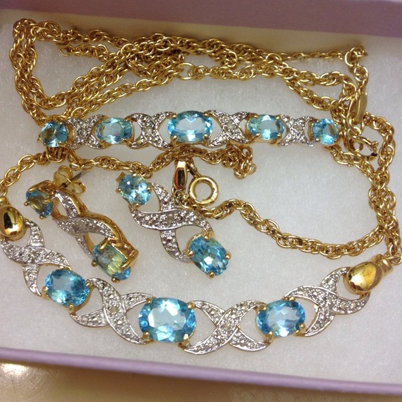 GOLD OVER 925 BLUE TOPAZ & DIAMOND ACCENTS SET