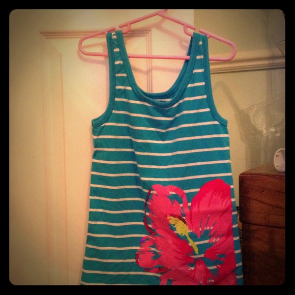 Girls blue and white striped tank with pink flower